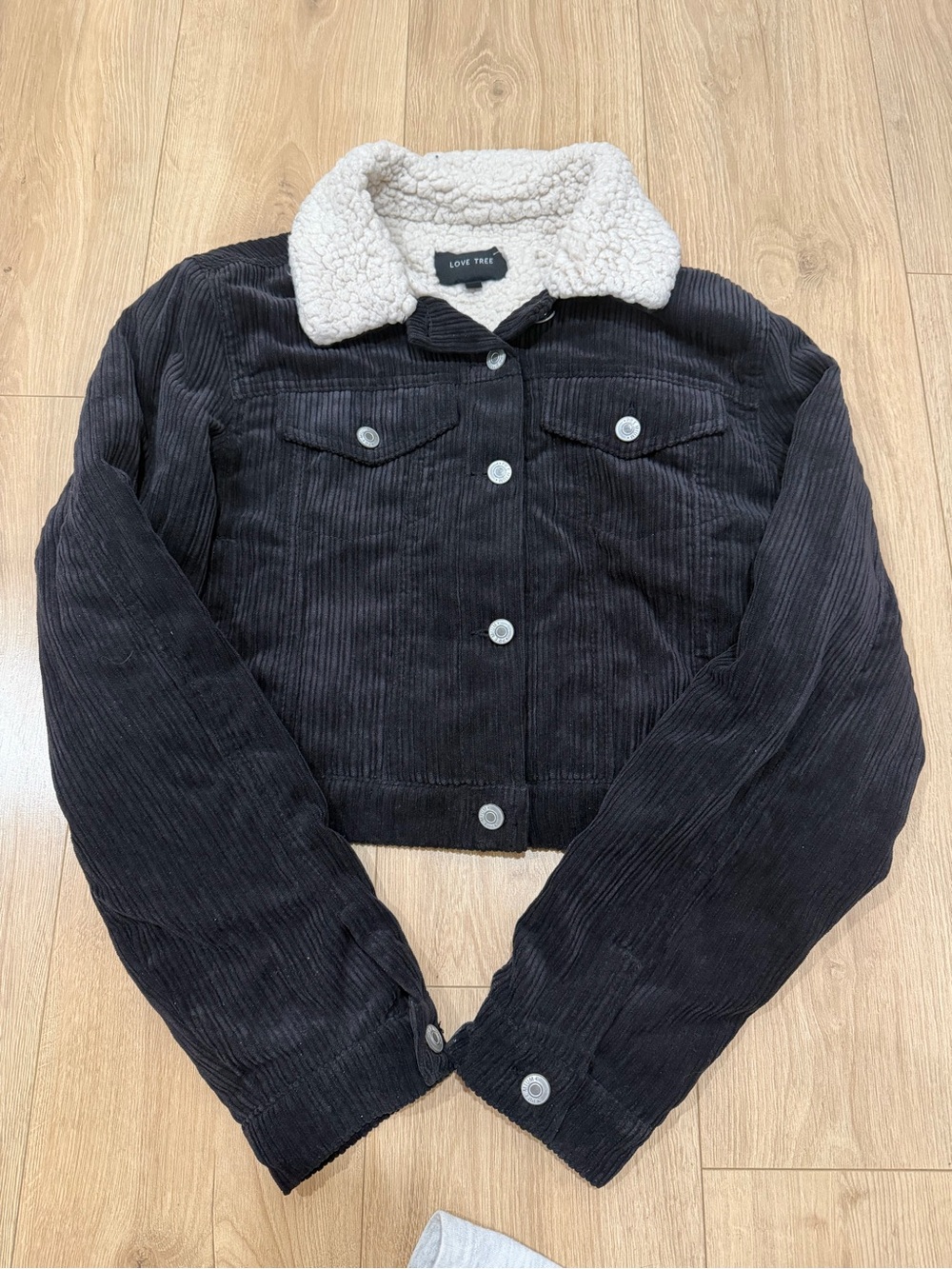 Love Tree Black Corduroy Jacket with Cream Sherpa Collar